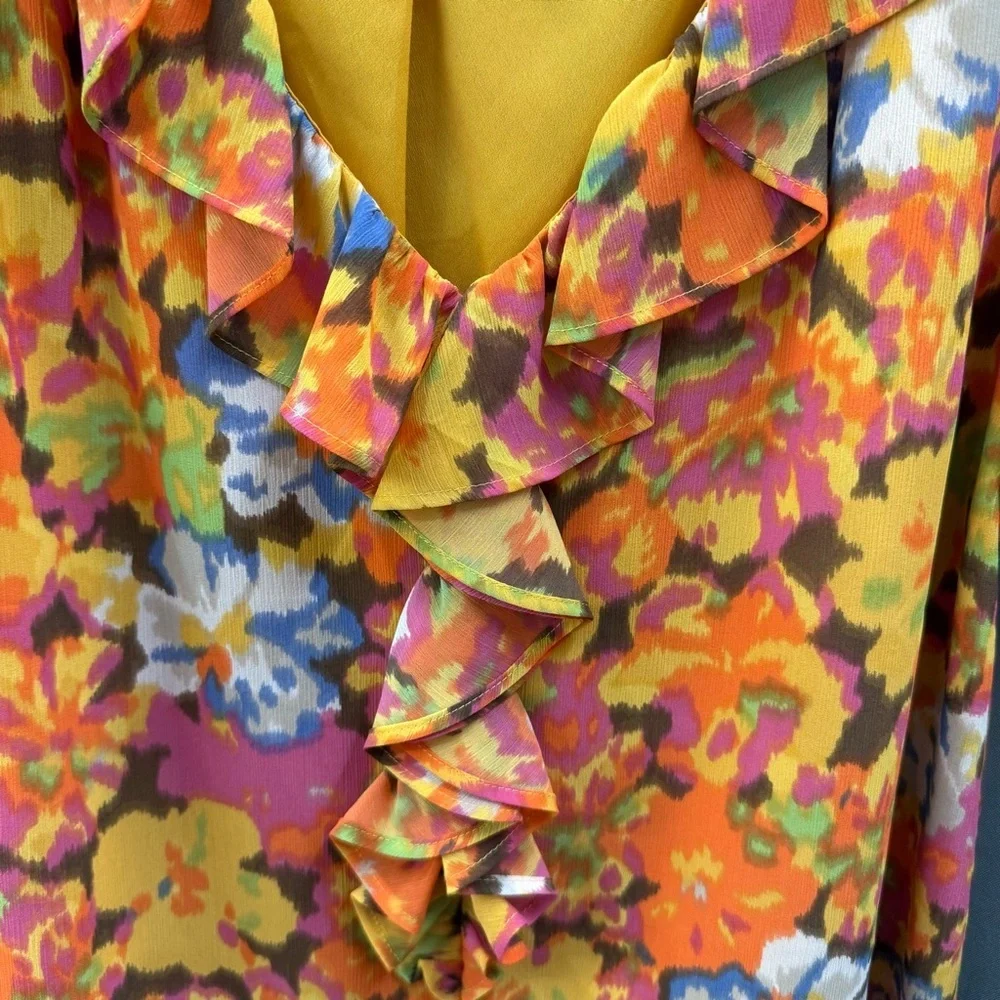 J. Crew Vibrant Floral Ruffle Blouse - Pink, Orange, Yellow